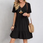 Boho Loose Solid Short Sleeve V-Neck Sundress
