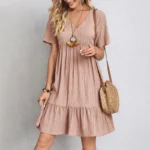 Boho Loose Solid Short Sleeve V-Neck Sundress — Image 5