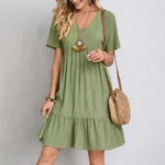 Boho Loose Solid Short Sleeve V-Neck Sundress — Image 3