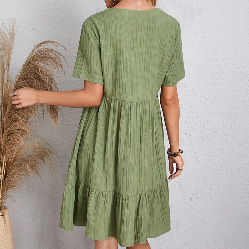 Boho Loose Solid Short Sleeve V-Neck Sundress