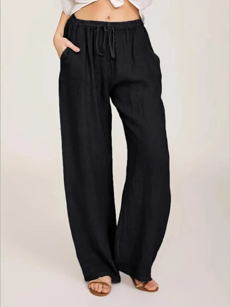 Solid Cotton High-Waisted Pants