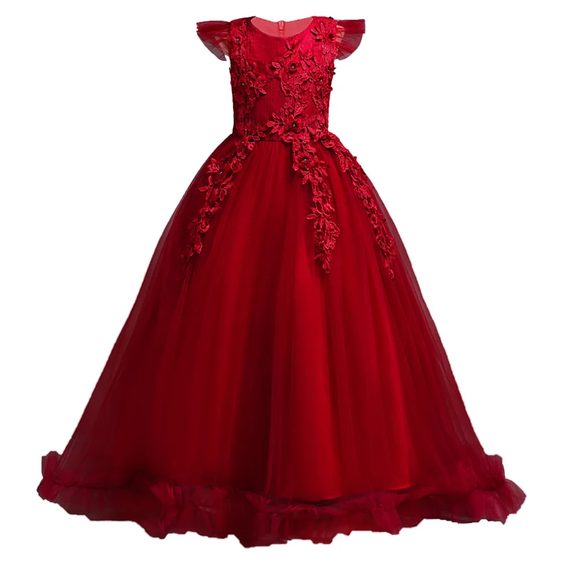 Girls' Long Dress with Lace and Flowers