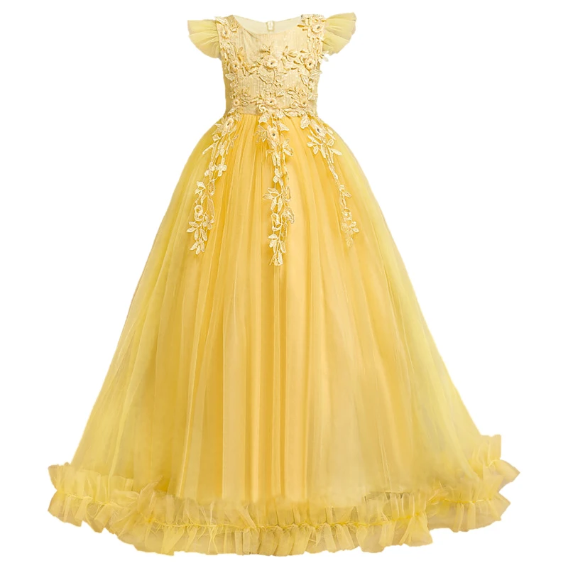 Girls' Long Dress with Lace and Flowers
