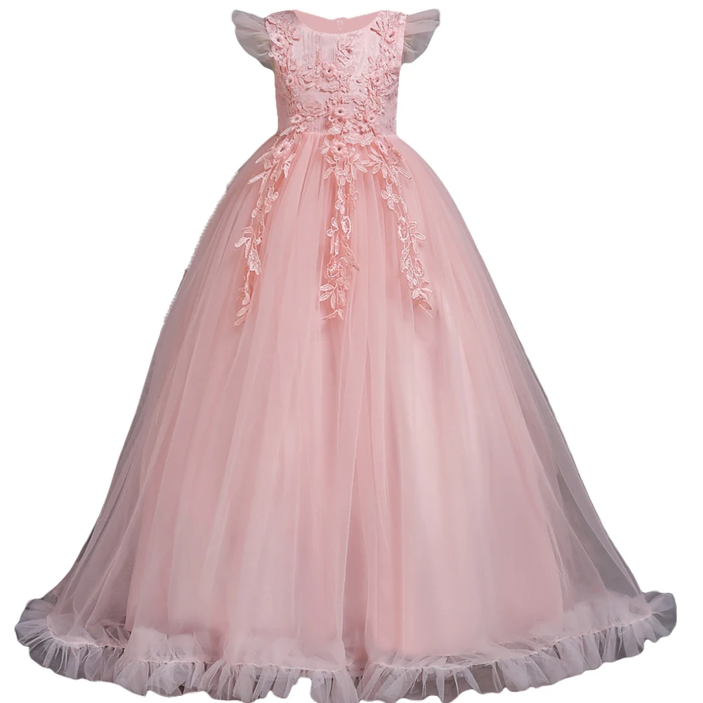Girls' Long Dress with Lace and Flowers