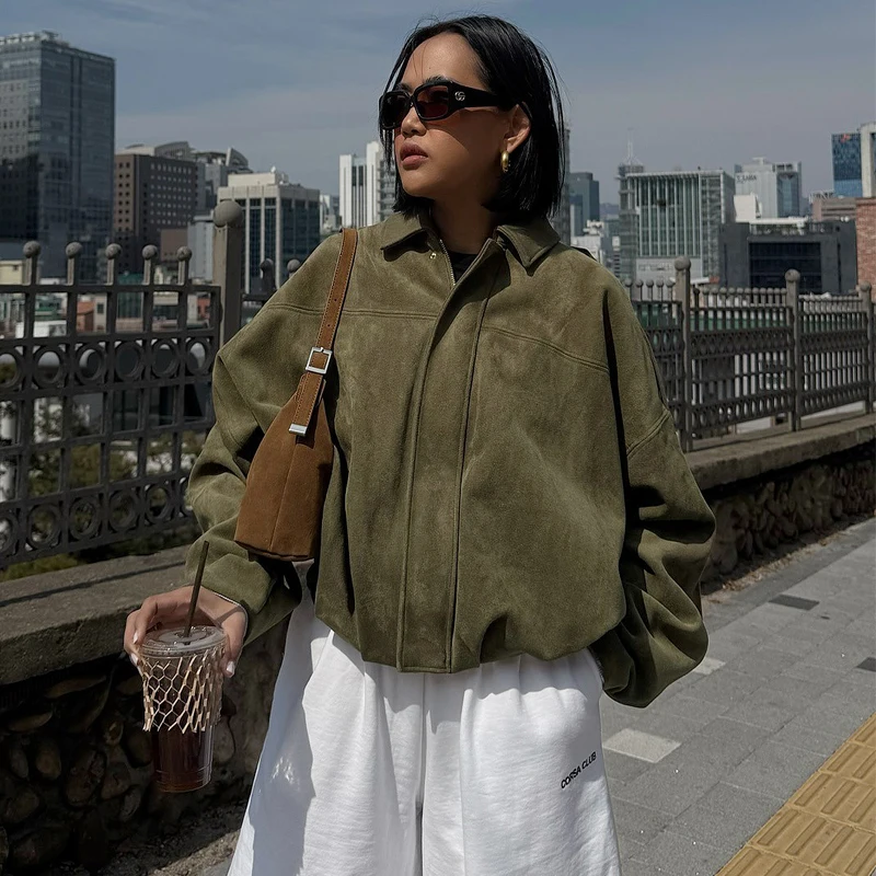 Suede Bomber Jacket with Collar and Zipper