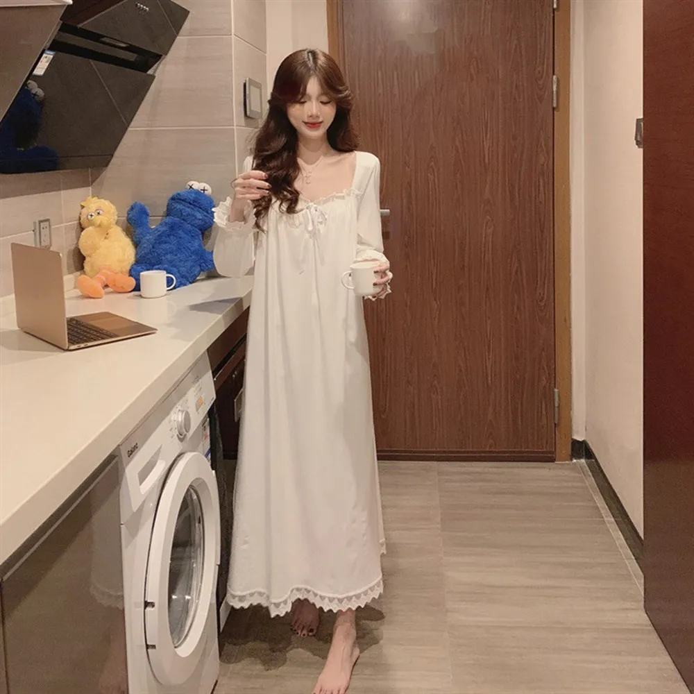 Long Full-Sleeve Nightgown with Lace Trim