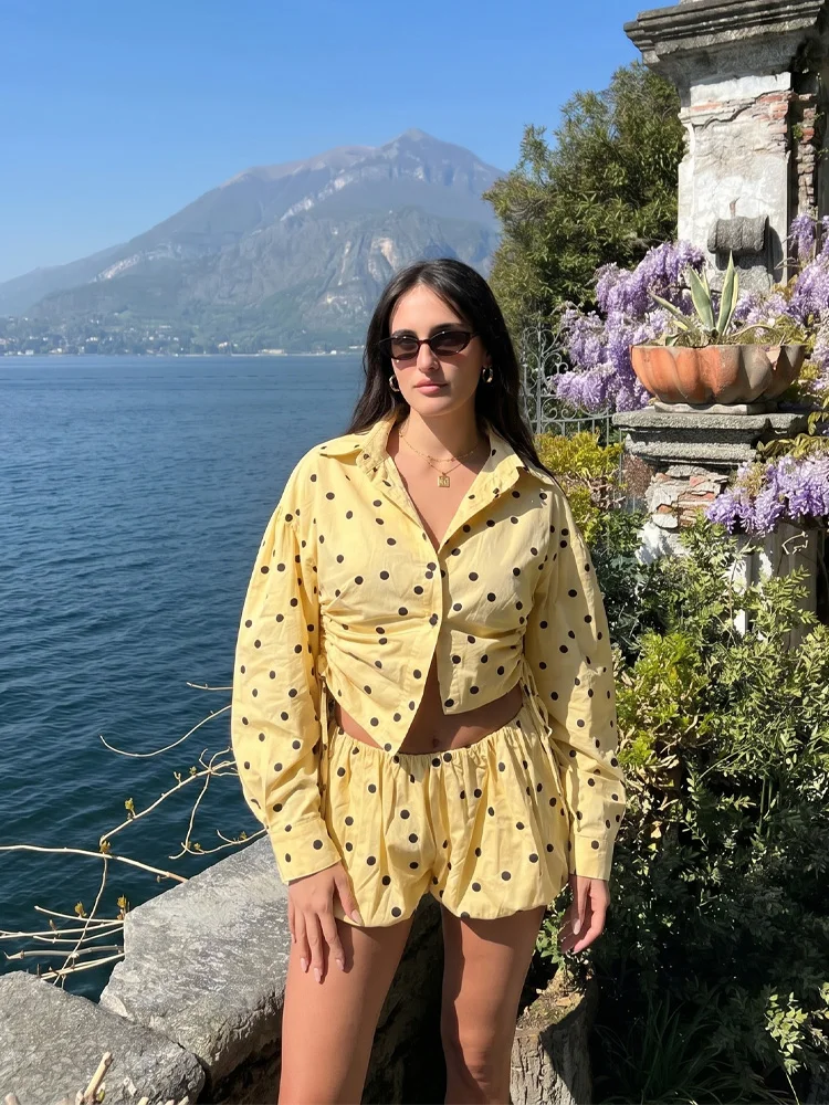 Polka Dot Set: Stand Collar Top and Pleated Shorts