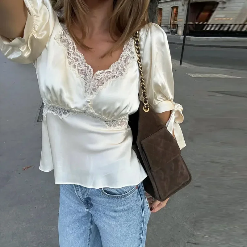 Short Sleeve T-Shirt with Lace Details and Waist Tie