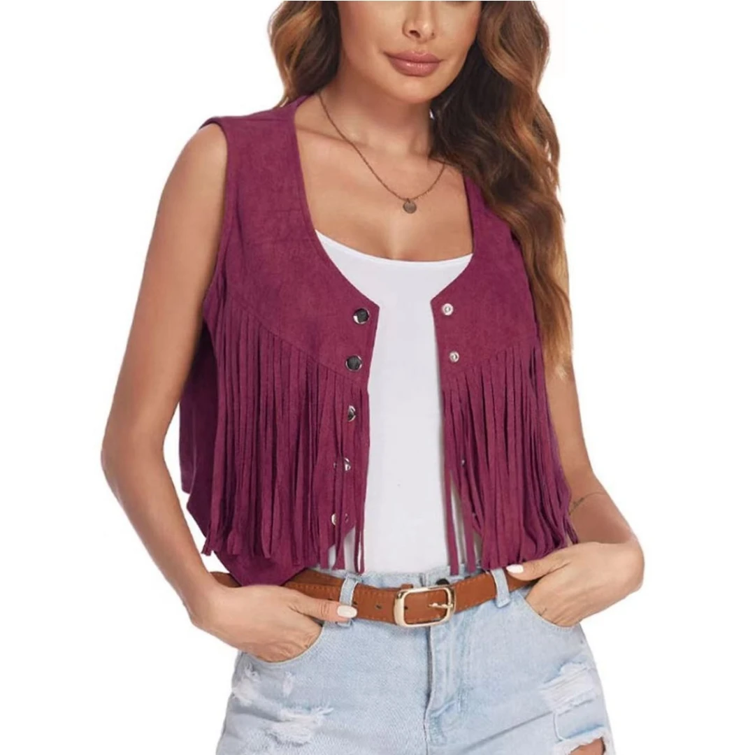 Suede-Feel Vest with Fringe and Studs