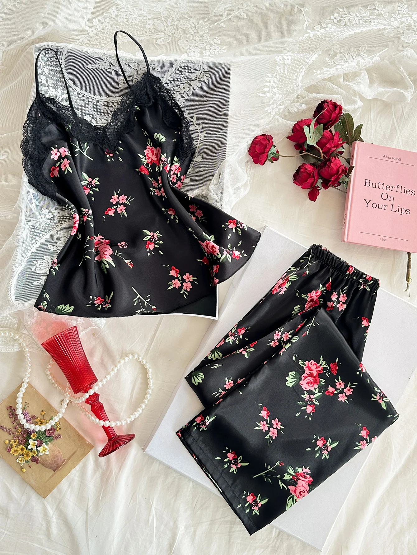 2-Piece Satin V-Neck Set with Lace Accents