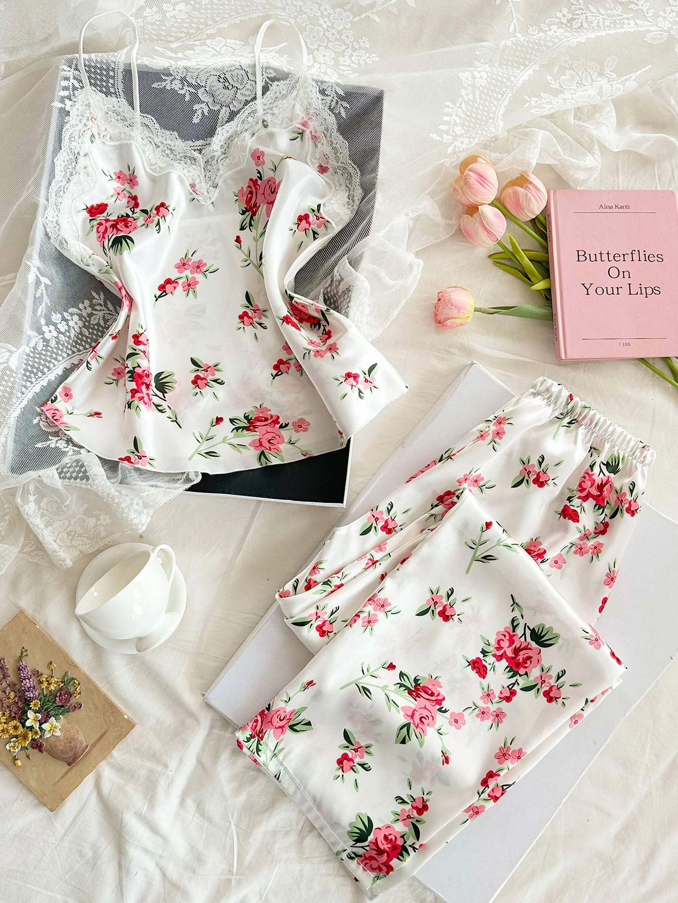 2-Piece Satin V-Neck Set with Lace Accents