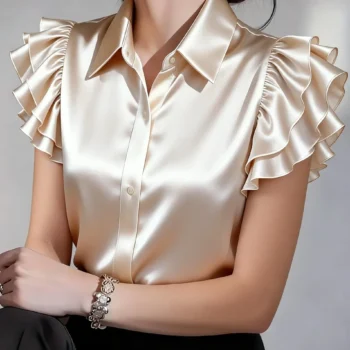 Elegant Satin Ruffled Shirt with Buttons