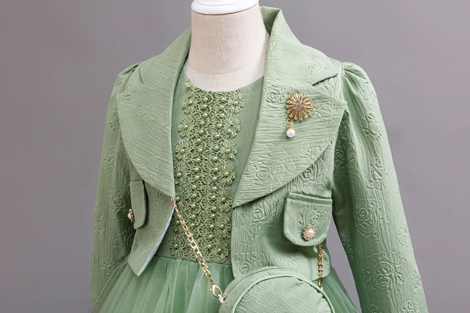 Girls' Green Dress with Coat and Bag