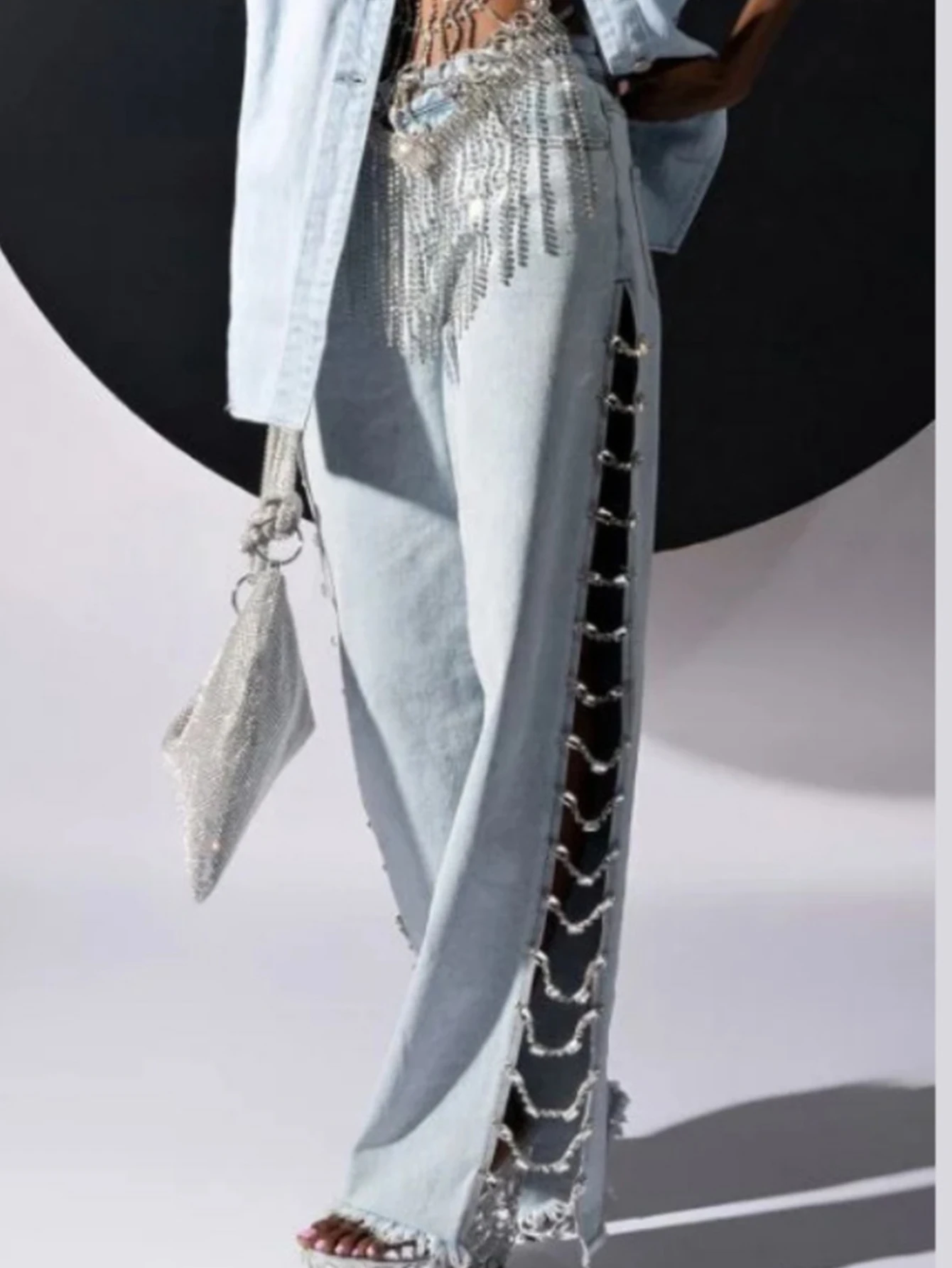 High Waist Wide-Leg Jeans with Sparkly Cutout Details