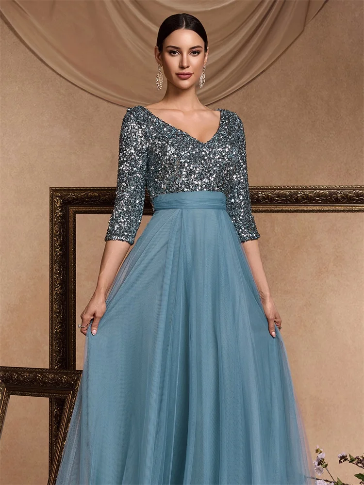 Three-Quarter Sleeve Evening Dress with Sequin Bodice and Tulle Skirt