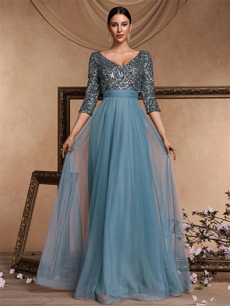Three-Quarter Sleeve Evening Dress with Sequin Bodice and Tulle Skirt