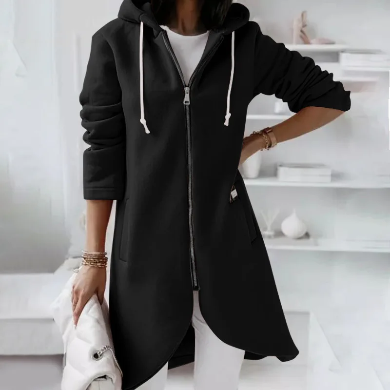 Solid Autumn Long Coat with Zipper