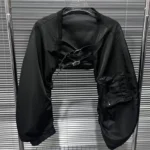 Black Leather-Feel Jacket with Front Buttons and Pockets