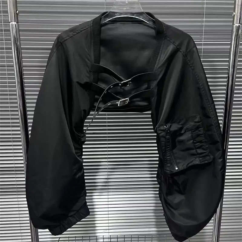 Black Leather-Feel Jacket with Front Buttons and Pockets