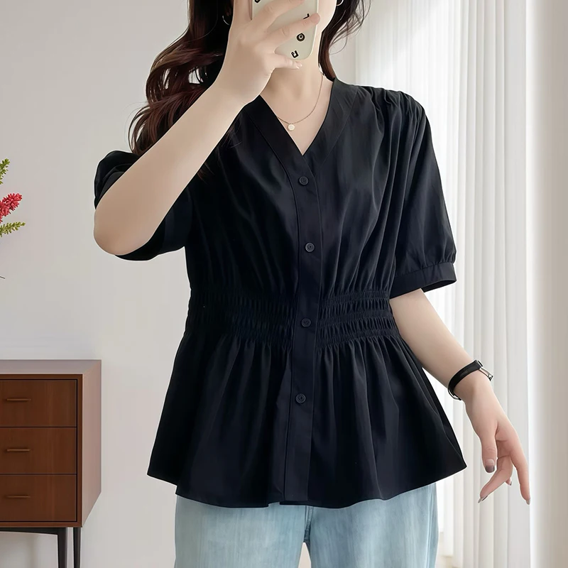 Elastic-Waist Summer Shirt Blouse