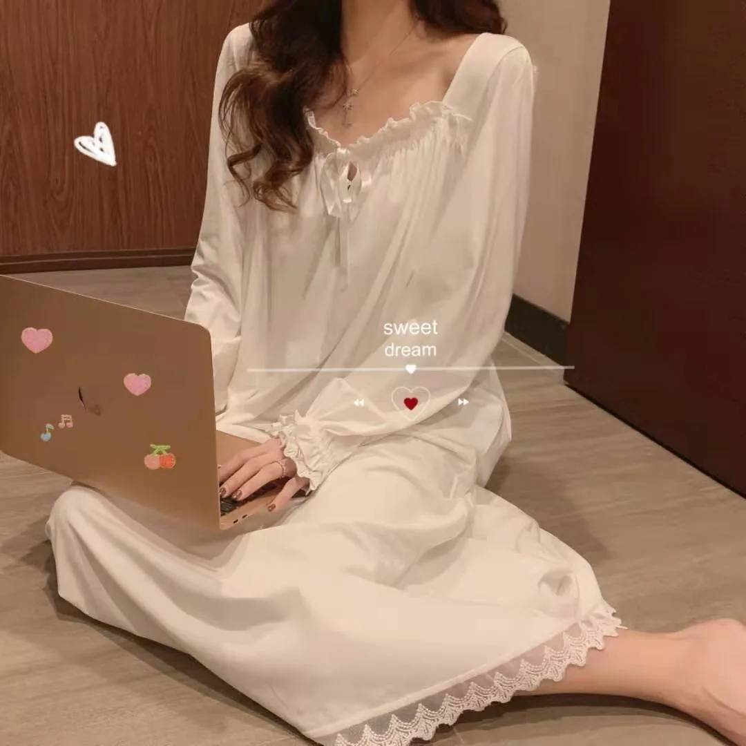 Long Full-Sleeve Nightgown with Lace Trim