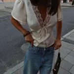 V-Neck Satin Top with Lace — Image 4