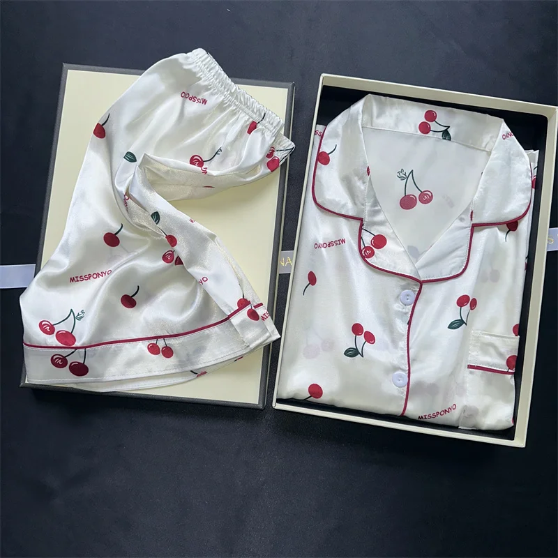 Cherry Print Satin Pajama Set