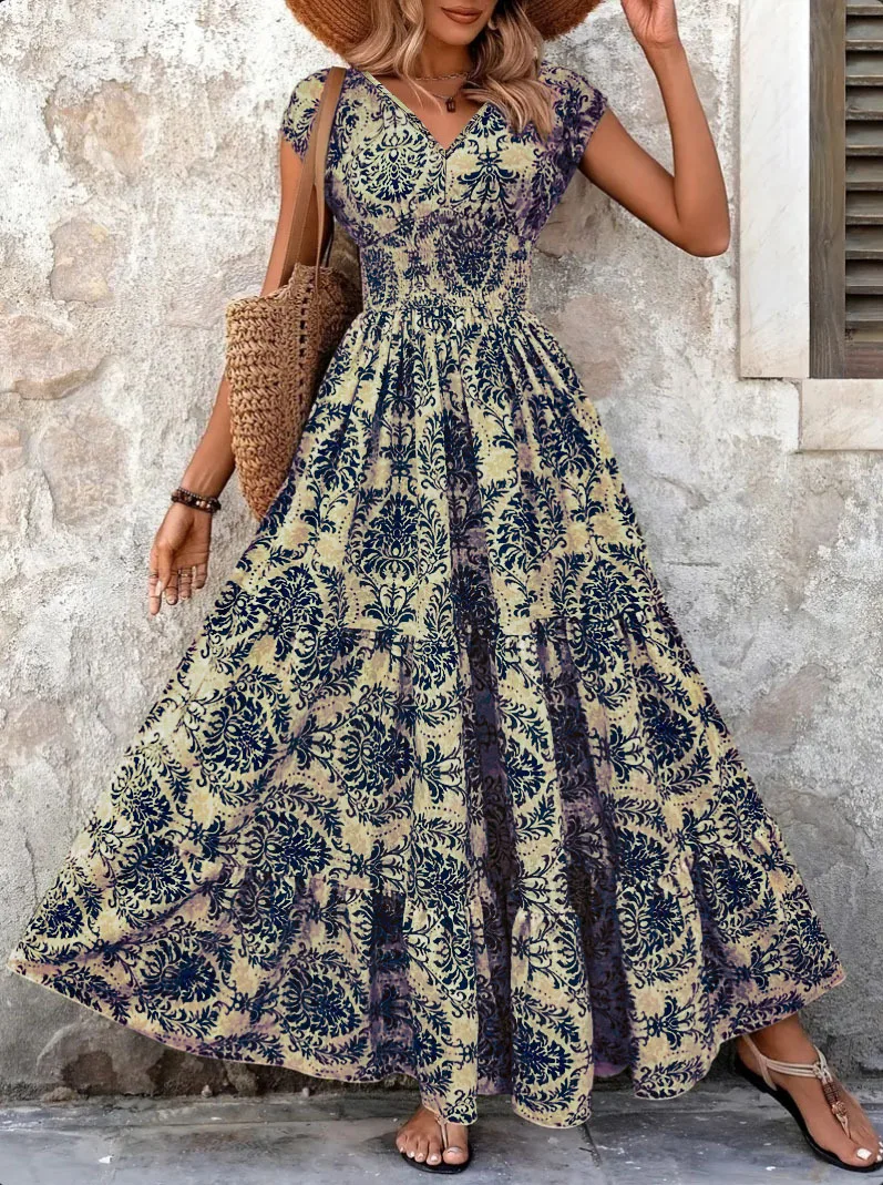 Short Sleeve V-Neck Floral Dress