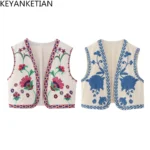Cropped Open-Front V-Neck Vest with Floral Embroidery
