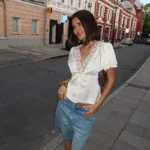 V-Neck Satin Top with Lace — Image 2