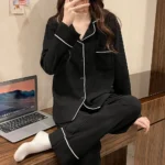 Long Sleeve Pajama Set with Turn-Down Collar and Long Pants