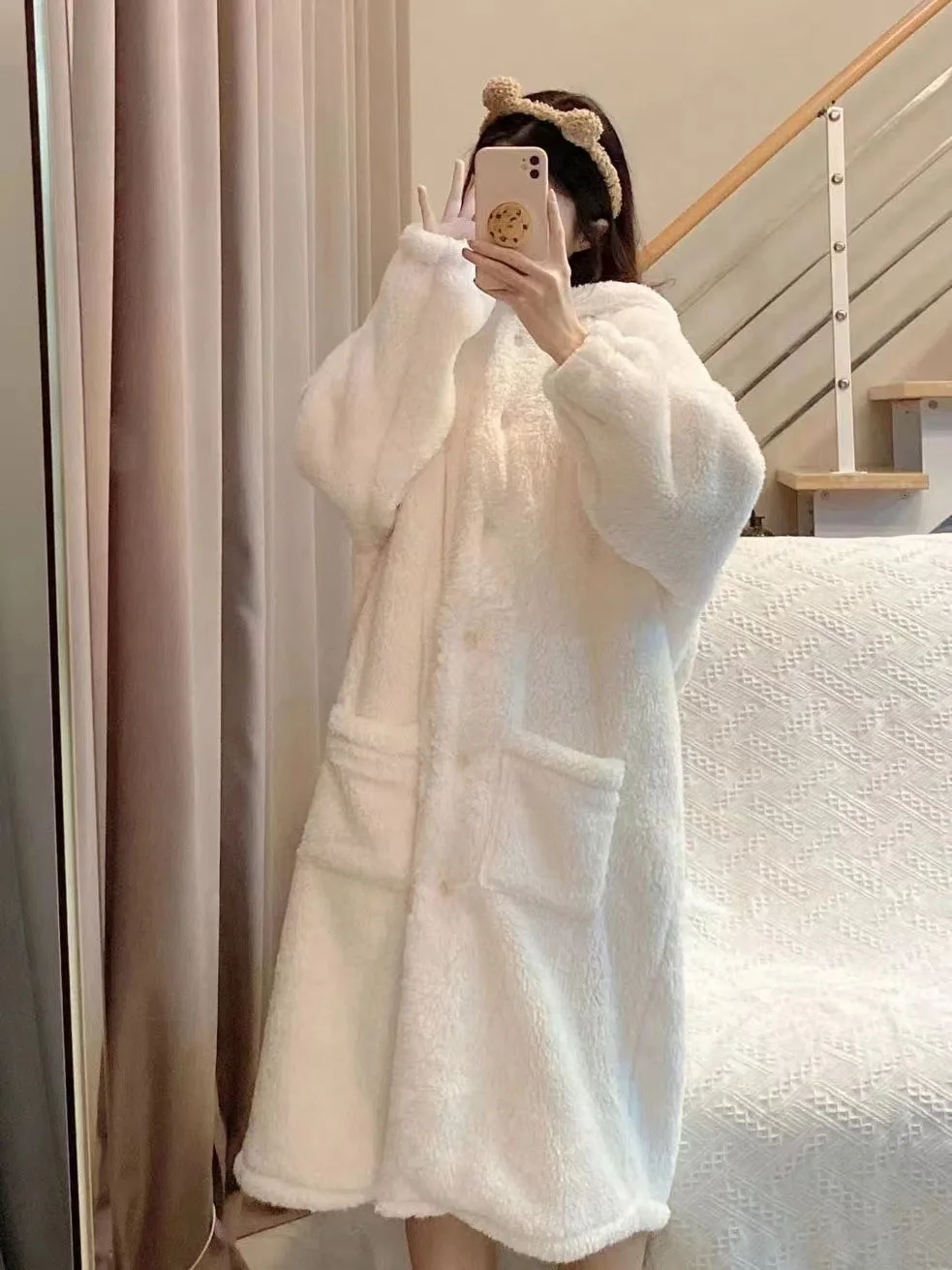 Warm Winter Long Sleeve House Robe with Bunny Ears