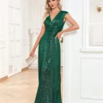 Sequin Evening Dress with Cap Sleeves, V-Neck and Gathered Waist — Image 4