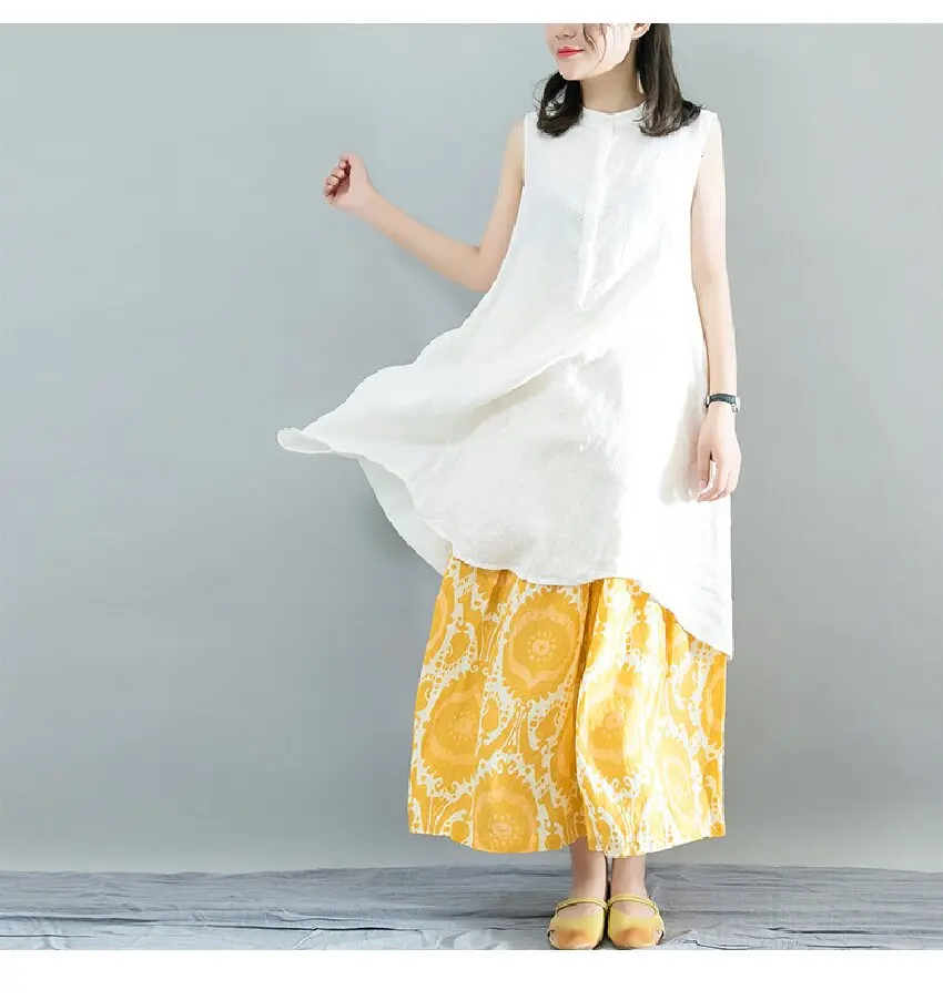 Ankle-Length Printed Wide-Leg Pants with Elastic Waist