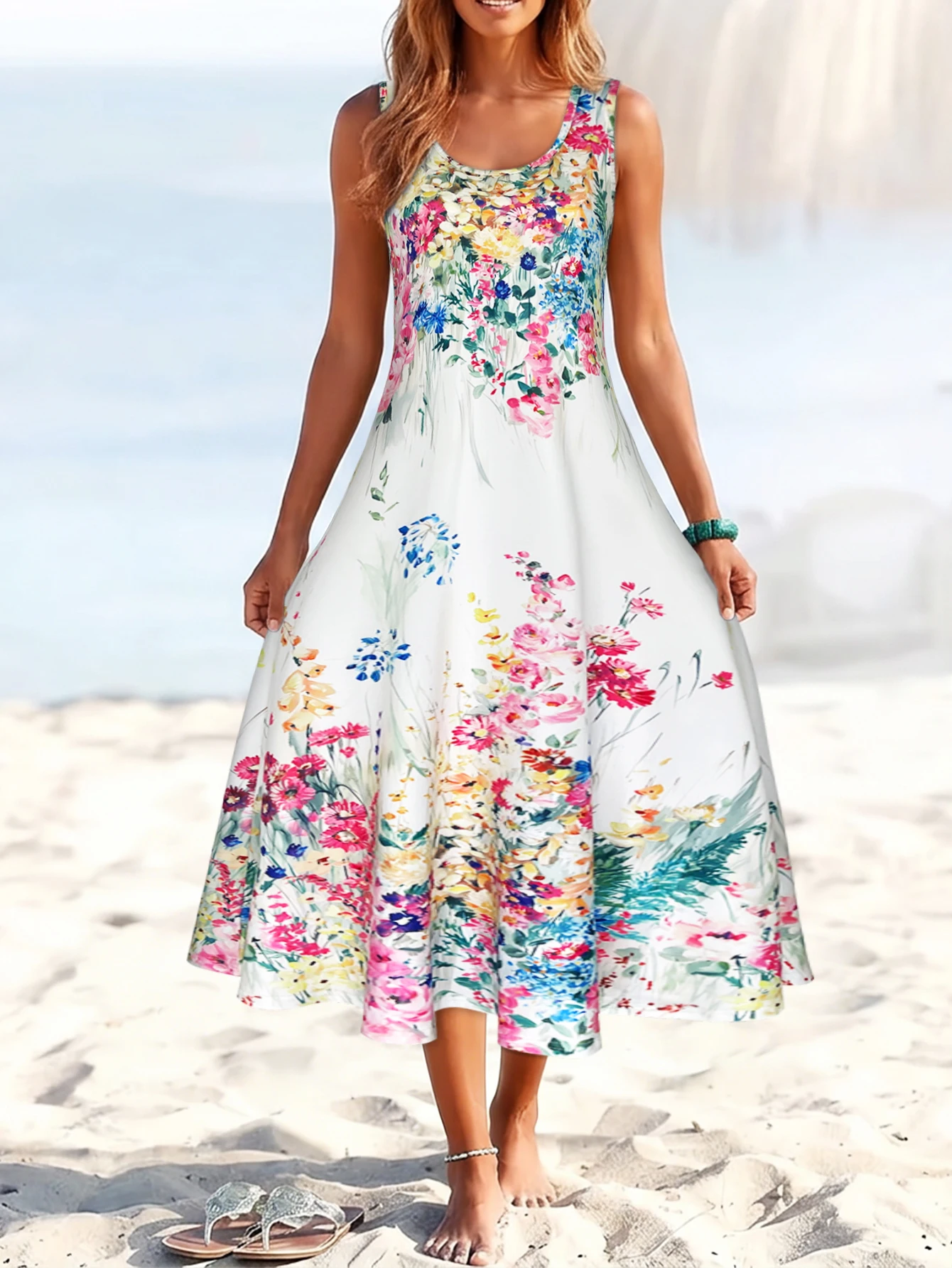 Floral Sleeveless Round Neck Midi Sundress