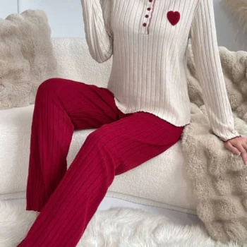 Casual Heart Print Long Sleeve Winter Sleepwear