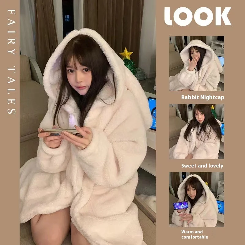 Warm Winter Long Sleeve House Robe with Bunny Ears