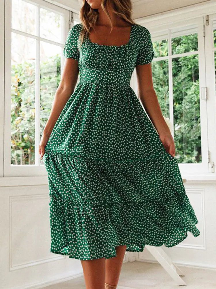 Summer Puff Sleeve Dress with Classic Print