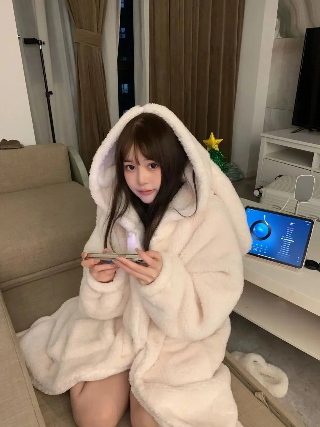 Warm Winter Long Sleeve House Robe with Bunny Ears