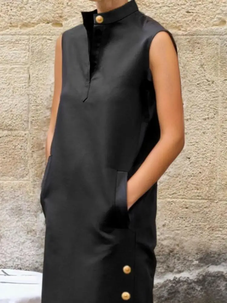 Vintage Solid Summer Dress with Slit