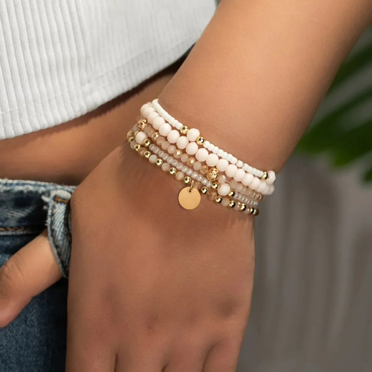5-Piece Resin Bead Bracelet Set with Charms