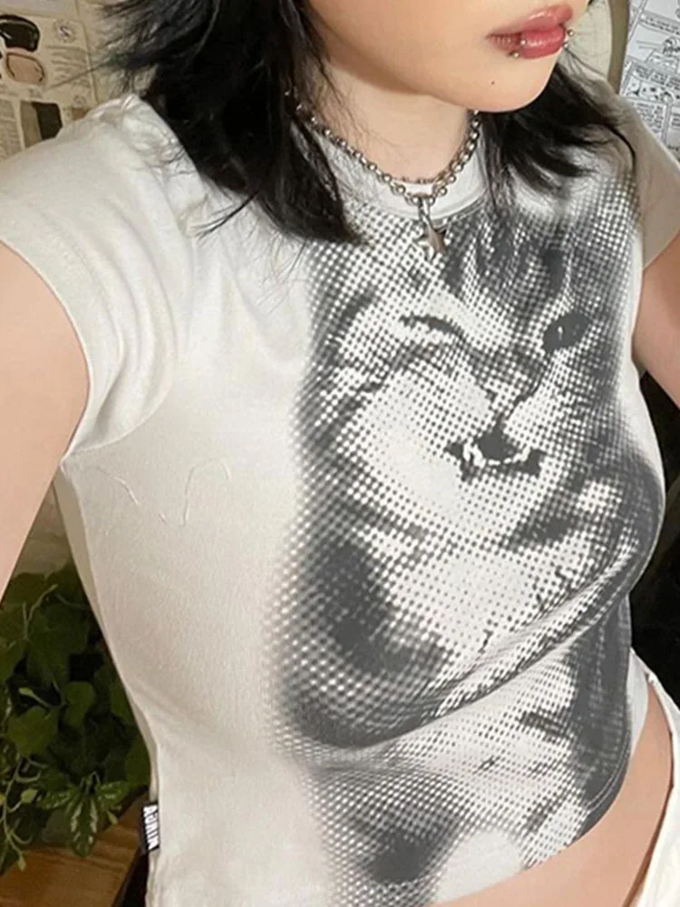 White Cropped Animal Print T-Shirt