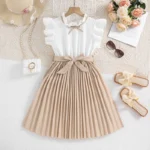Girls' White Dress with Khaki Skirt
