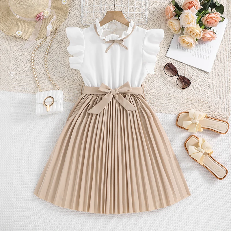 Girls' White Dress with Khaki Skirt