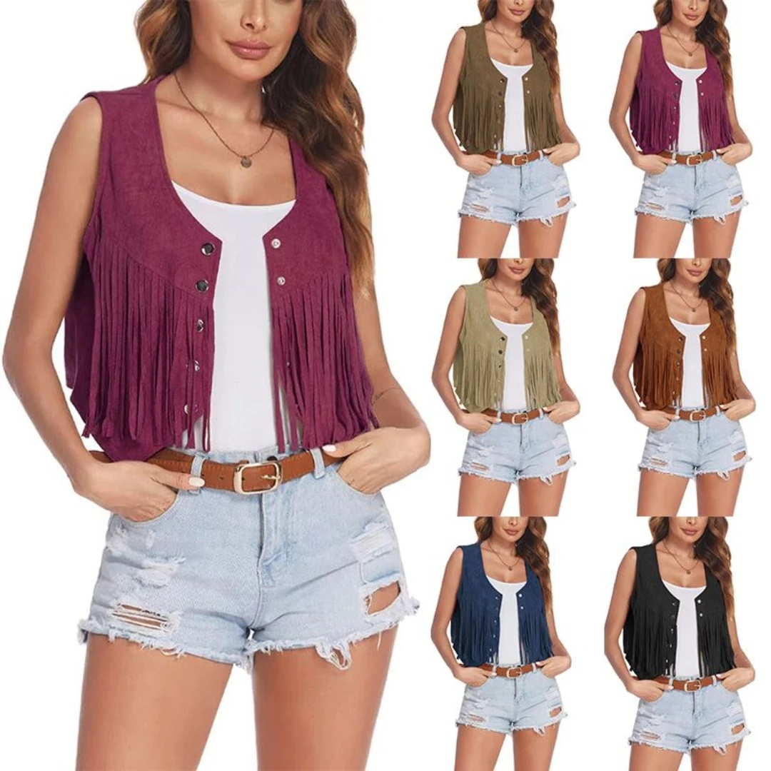 Suede-Feel Vest with Fringe and Studs