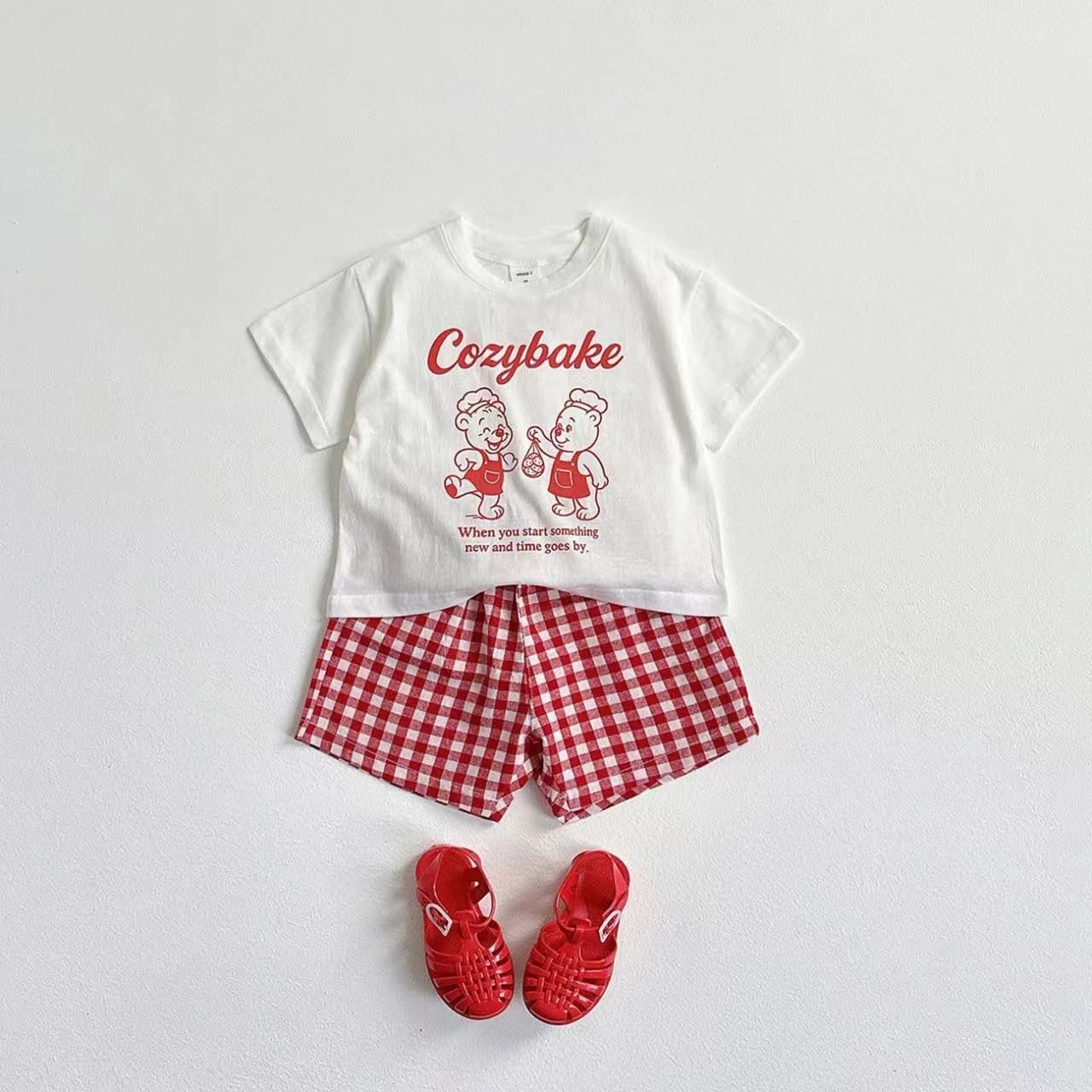 Kids' T-Shirt and Plaid Shorts Set with Teddy Bear Print — Image 11