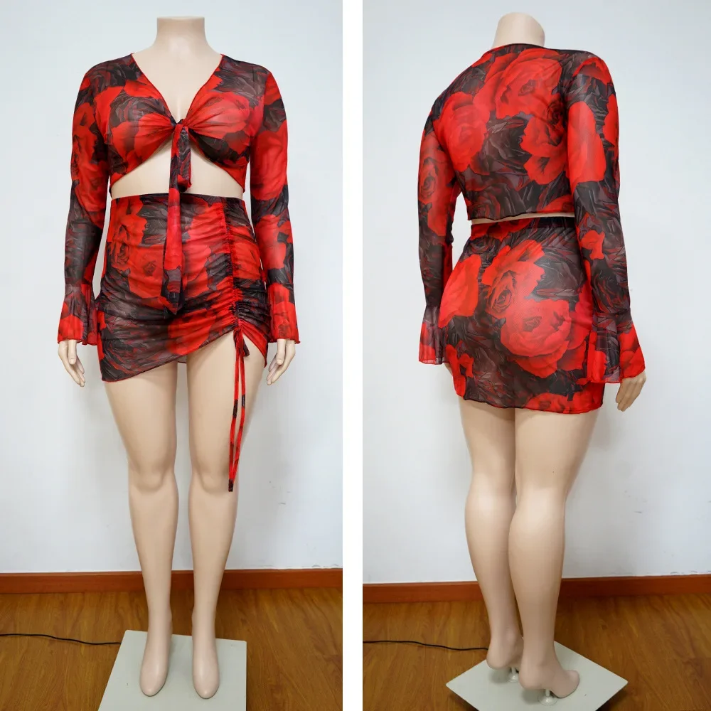 2-Piece Long Sleeve Mesh Set with Colorful Print