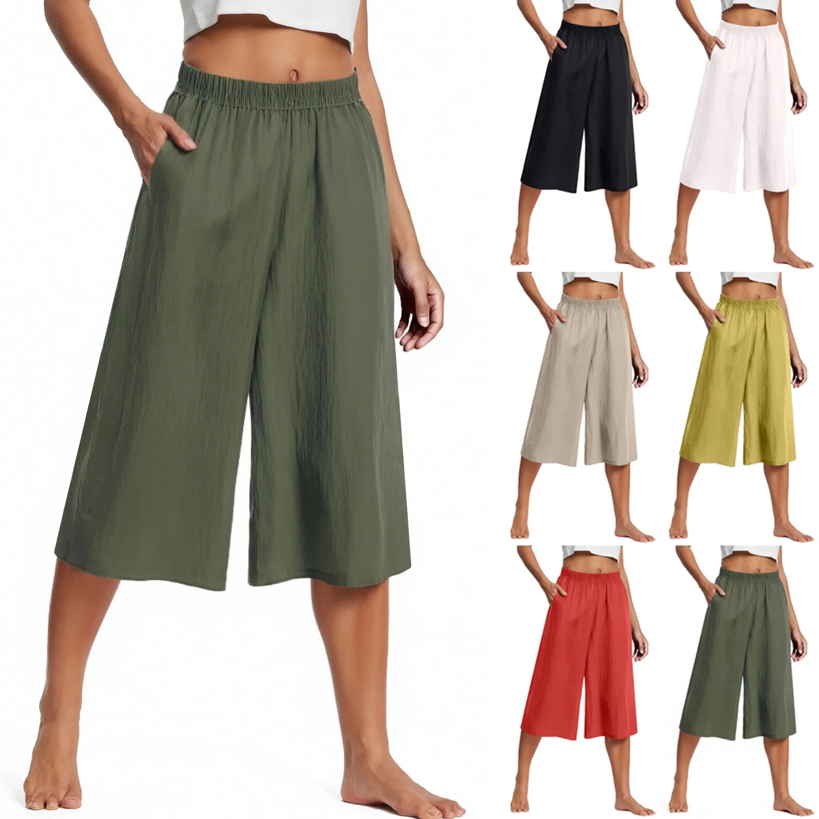 Ankle-Length Wide-Leg Pants with Elastic Waist and Side Pockets
