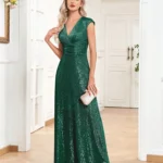 Sequin Evening Dress with Cap Sleeves, V-Neck and Gathered Waist — Image 5