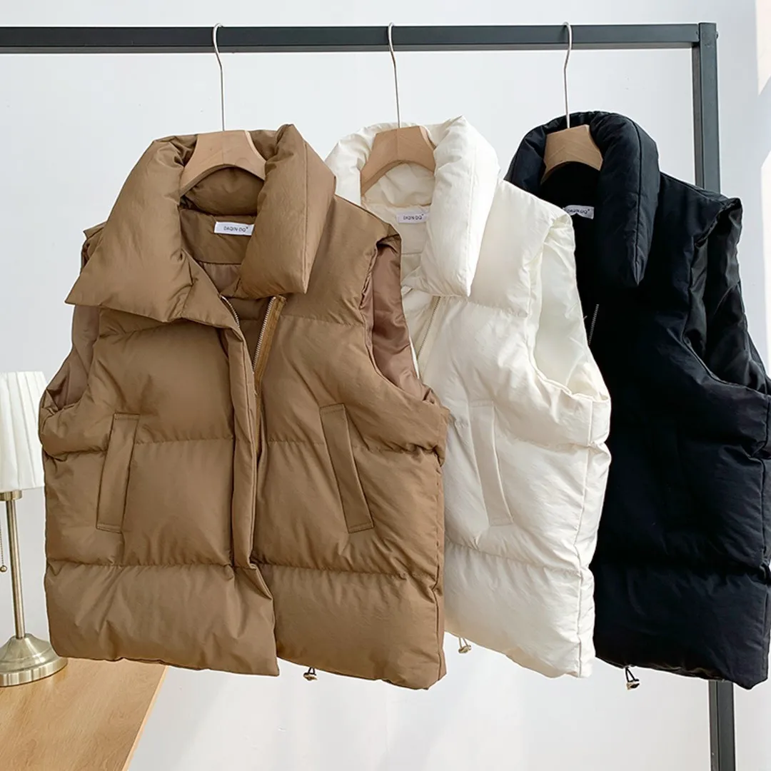 Padded Winter Zip-Up Vest with Pockets and Adjustable Waist